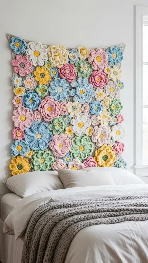 19 Crochet Home Decor Wall Hanging Ideas to Beautify Your Walls 17 Crochet 3D Flower Wall Decor