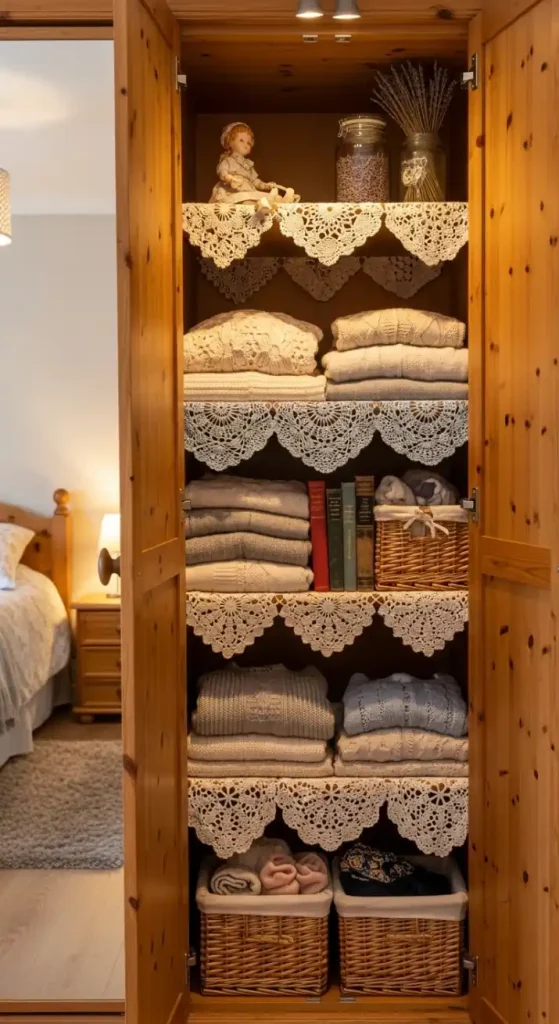 22 Crochet Home Decor Ideas Bedrooms to Make Them Cozy and Stylish 17 Crochet shelf liners for wardrobes or dressers