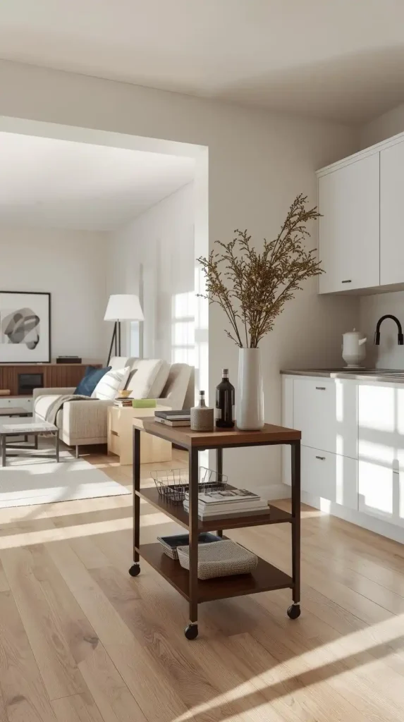 20 Living Room Kitchen Open Concept Small Apartment Decor | Stylish Ideas for Seamless Flow 18 Add a Movable Kitchen Island or Cart