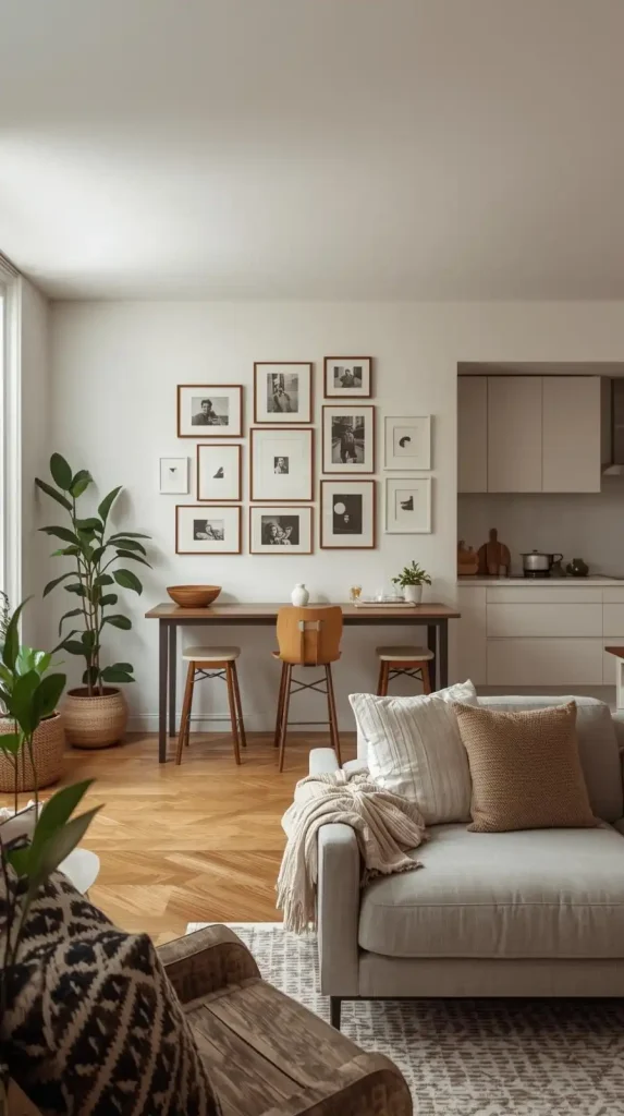 20 Living Room Kitchen Open Concept Small Apartment Decor | Stylish Ideas for Seamless Flow 19 Add Personality with Wall Art and Gallery Displays