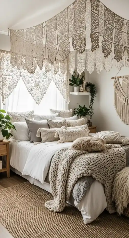 18 Crochet Home Decor Boho Ideas for Cozy and Stylish Spaces 19 Bed Canopy or Valance for Cozy Bedrooms