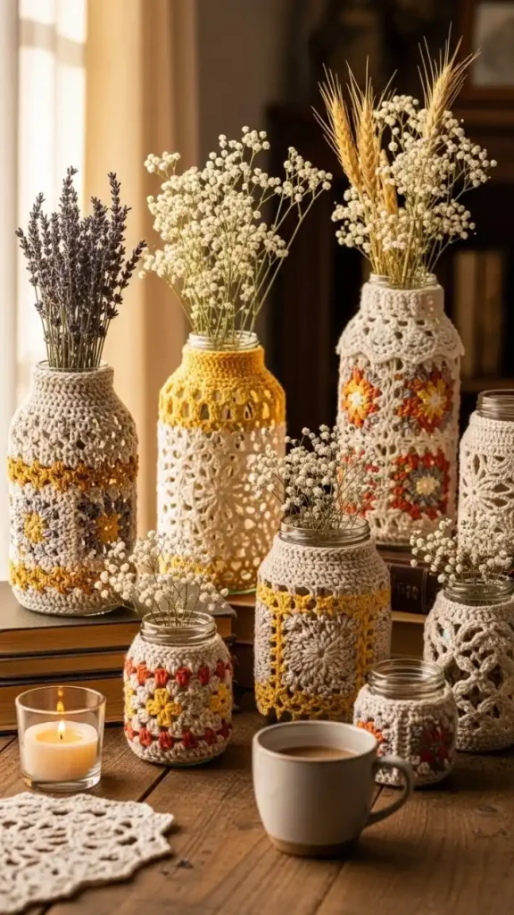 22 Crochet Home Decor Patterns with Minimalist Style 19 Crochet Jar & Vase Cozies