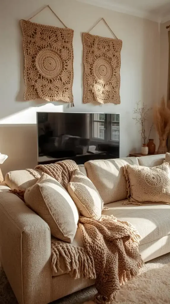 Crochet Yarn Wall Art Panels Behind TV Unit