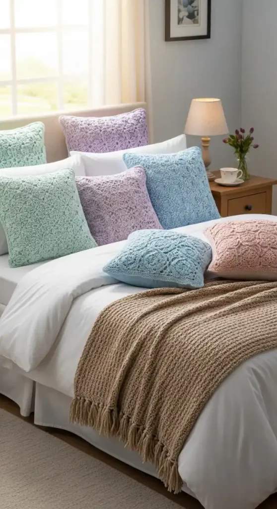 22 Crochet Home Decor Ideas Bedrooms to Make Them Cozy and Stylish 3 Crochet pillow covers to soften your pillows