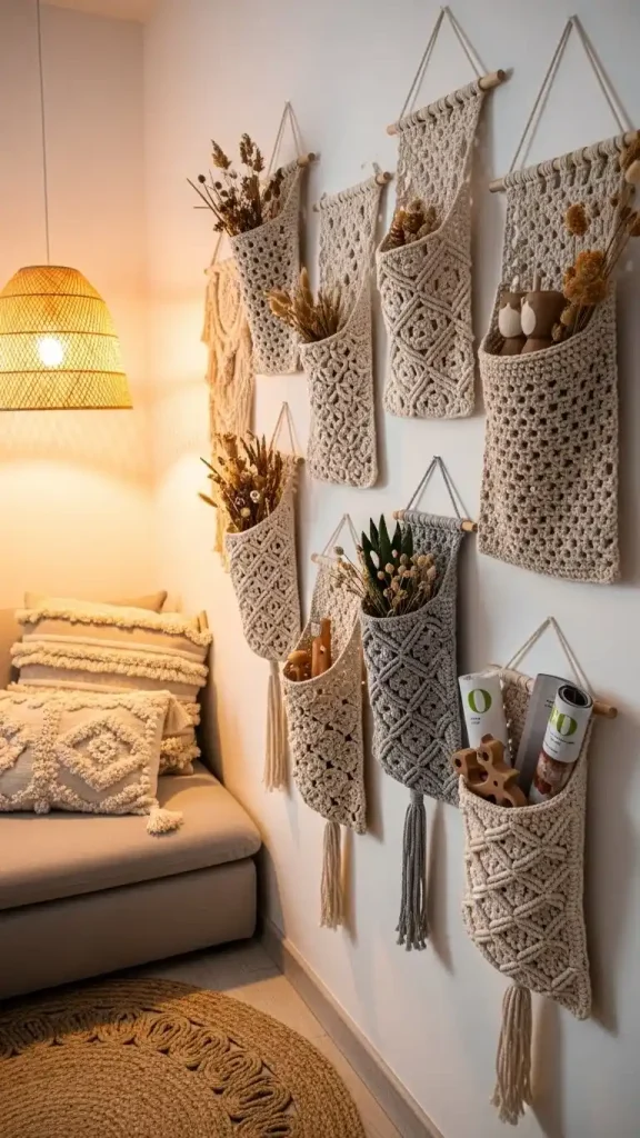 22 Aesthetic Crochet Home Decor Ideas to Style Your Living Space Beautifully 22 Crochet Hanging Pockets for Wall Organization