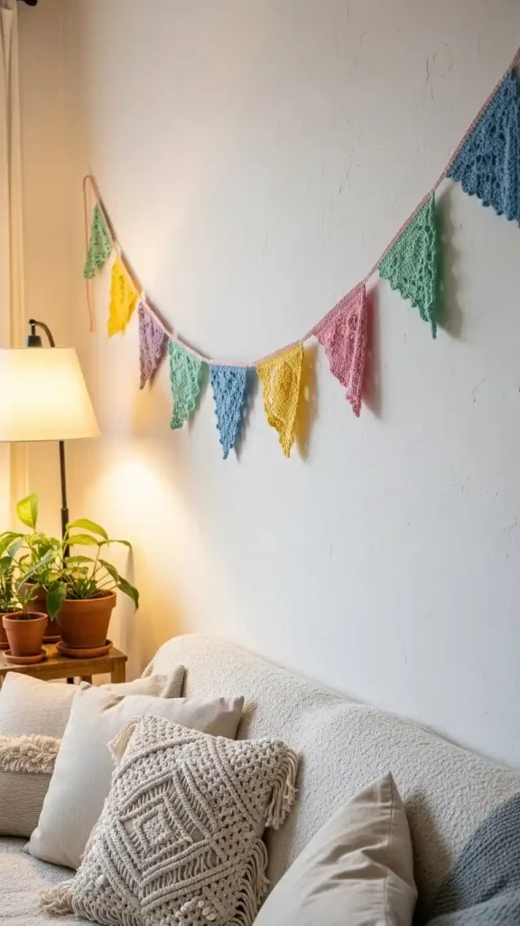 22 Aesthetic Crochet Home Decor Ideas to Style Your Living Space Beautifully 23 Crochet Decorative Bunting for Living Rooms