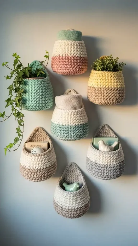 23 Crochet Home Decor Ideas Wall Art to Beautify Your Living Space 23 Crochet Geometric Baskets Mounted on Walls