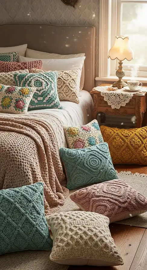 22 Crochet Home Decor Ideas Bedrooms to Make Them Cozy and Stylish 23 Crochet decorative pillows in different shapes and sizes