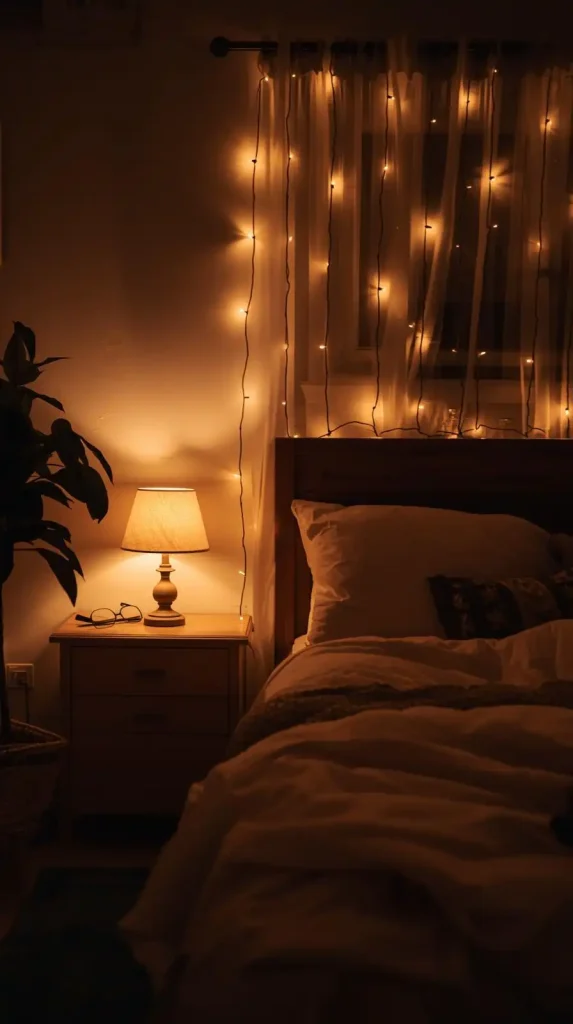 23 Small Apartment Decorating Cozy Bedroom Designs | Dreamy Ideas for a Warm and Relaxing Retreat 4 Add Warm Lighting with Lamps and Fairy Lights