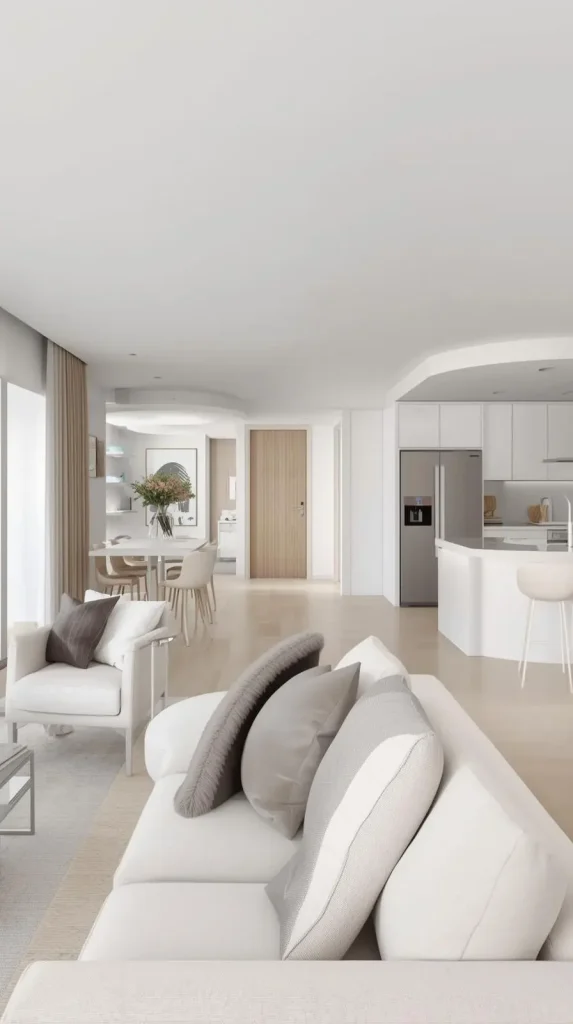 White and Beige Open-Concept Design