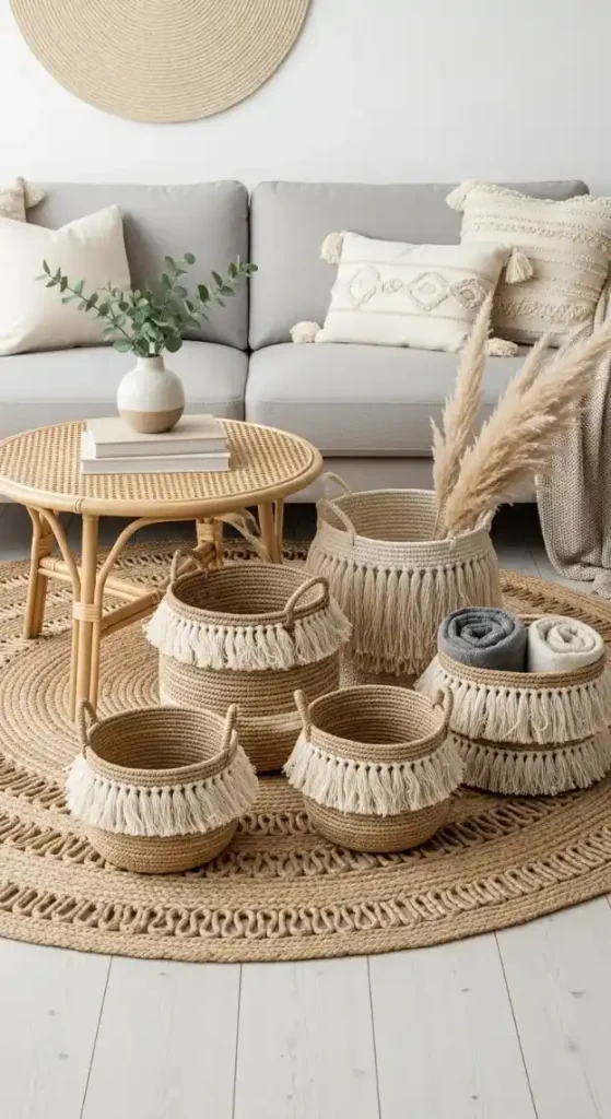 18 Crochet Home Decor Boho Ideas for Cozy and Stylish Spaces 4 Woven Baskets with Fringe Details