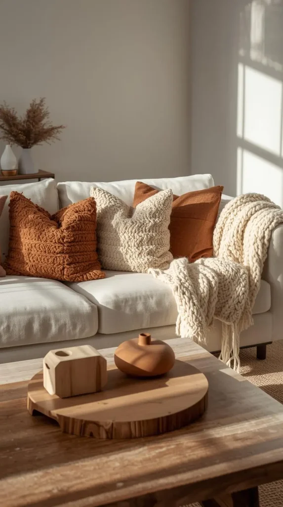 Cozy White Sofa Setup with Textured Pillows