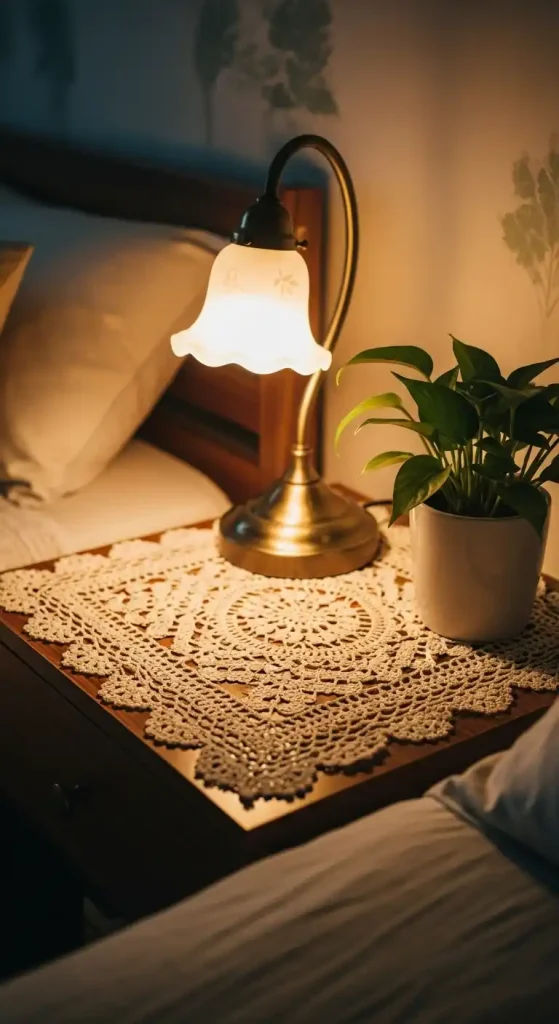 22 Crochet Home Decor Ideas Bedrooms to Make Them Cozy and Stylish 6 Crochet bedside table mats under lamps or plants