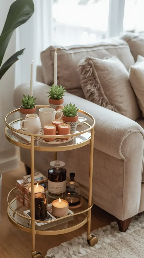 19 Cute Small Apartment Decor | Turn Your Tiny Space into a Dreamy Haven 7 Use a Bar Cart as a Cute Multi-Purpose Corner