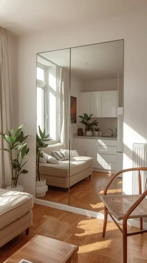 20 Living Room Kitchen Open Concept Small Apartment Decor | Stylish Ideas for Seamless Flow 8 Add Mirrors to Reflect Light and Expand the Room Visually