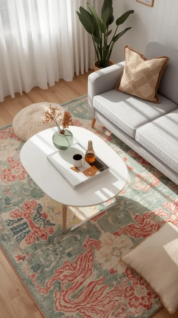 19 Cute Small Apartment Decor | Turn Your Tiny Space into a Dreamy Haven 8 Choose Patterned Rugs to Add Character