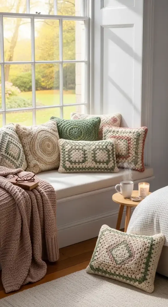 22 Crochet Home Decor Ideas Bedrooms to Make Them Cozy and Stylish 8 Crochet cushion covers for chairs or window seats
