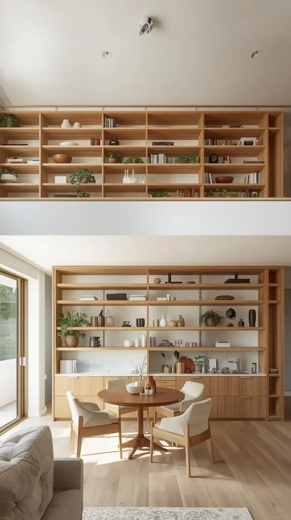 20 Living Room Kitchen Open Concept Small Apartment Decor | Stylish Ideas for Seamless Flow 9 Use Floating Shelves to Link Kitchen & Living Room Décor