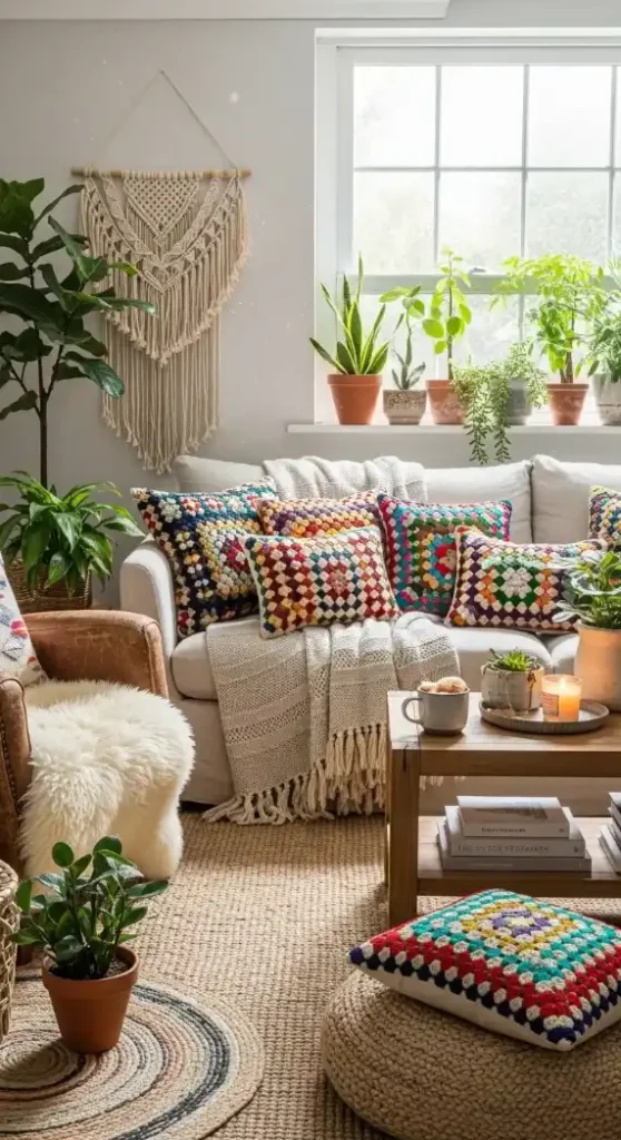 18 Crochet Home Decor Boho Ideas for Cozy and Stylish Spaces 10 Colorful Granny-Square Cushions