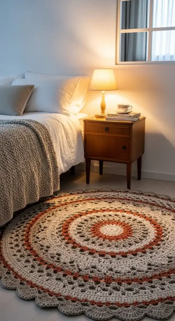 22 Crochet Home Decor Ideas Bedrooms to Make Them Cozy and Stylish 10 Crochet rugs beside the bed for soft steps