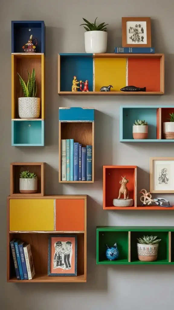 20 Colorful Thrifted Home Decor Ideas to Create a Bright, Stylish, and Budget-Friendly Home 11 Color-Blocked Thrifted Shelves
