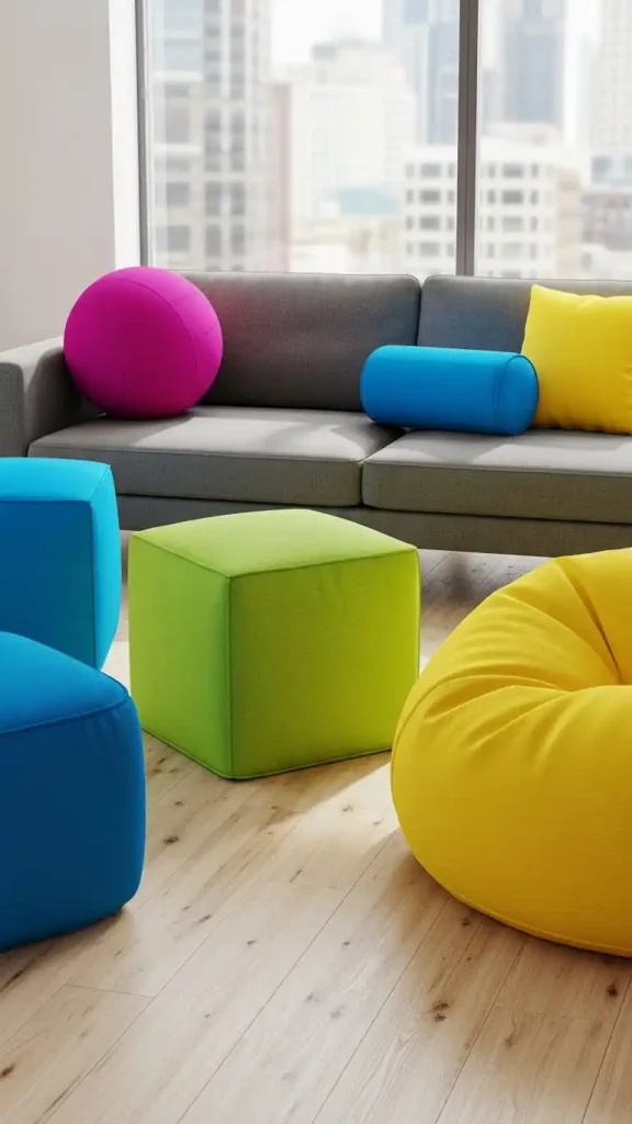 23 Unconventional Decor Combinations for Funky Home Decor to Create Bold and Stunning Interiors 11 Colorful Poufs with Sleek Sofas