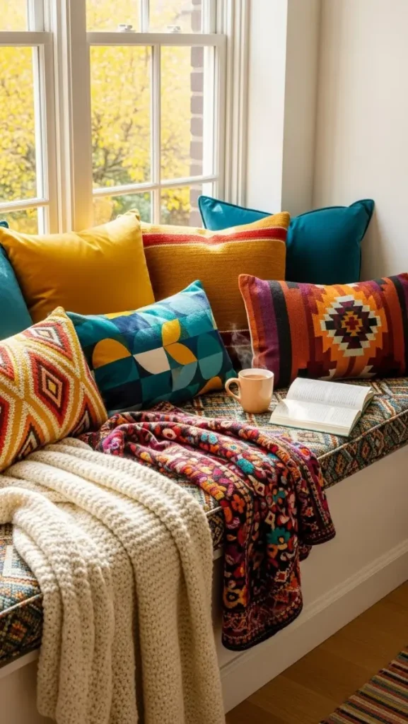 21 Cozy Colorful Home Decor | Ideas to Warm Up Your Home 12 Cozy Window Seats with Bold Fabrics