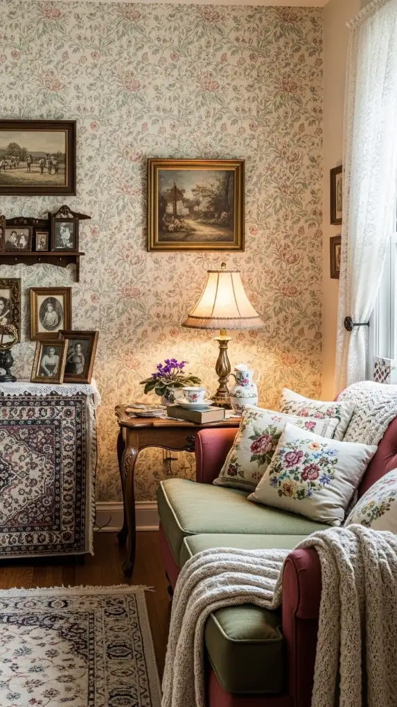 20 Grandmacore Home Decor Ideas for Cozy Vintage Charm 12 Patterned Floral Wallpaper