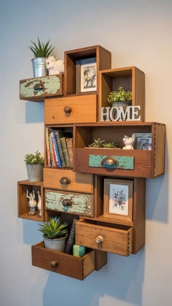 19 Thrifted Home Decor DIY Ideas to Personalize Your Home 12 Repurposed Drawer Shelves