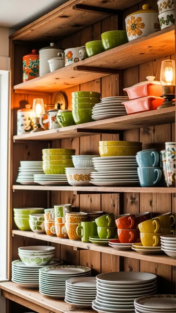 20 Thrifted Home Decor Kitchen Ideas to Style Your Space on a Budget 14 Retro Dinnerware Display