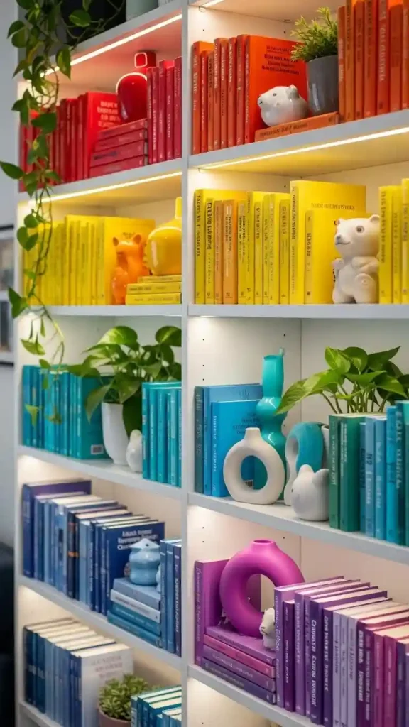 23 Colorful Home Decor Aesthetic | Ideas to Brighten Your Space 15 Rainbow Shelving Decor