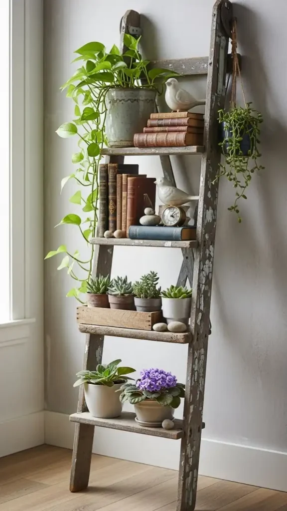 19 Thrifted Home Decor DIY Ideas to Personalize Your Home 15 Upcycled Ladder Shelves