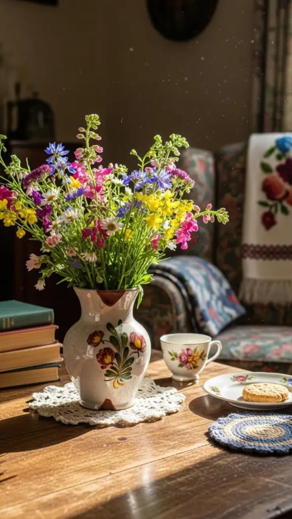 20 Grandmacore Home Decor Ideas for Cozy Vintage Charm 16 Fresh Flowers in Ceramic Vases