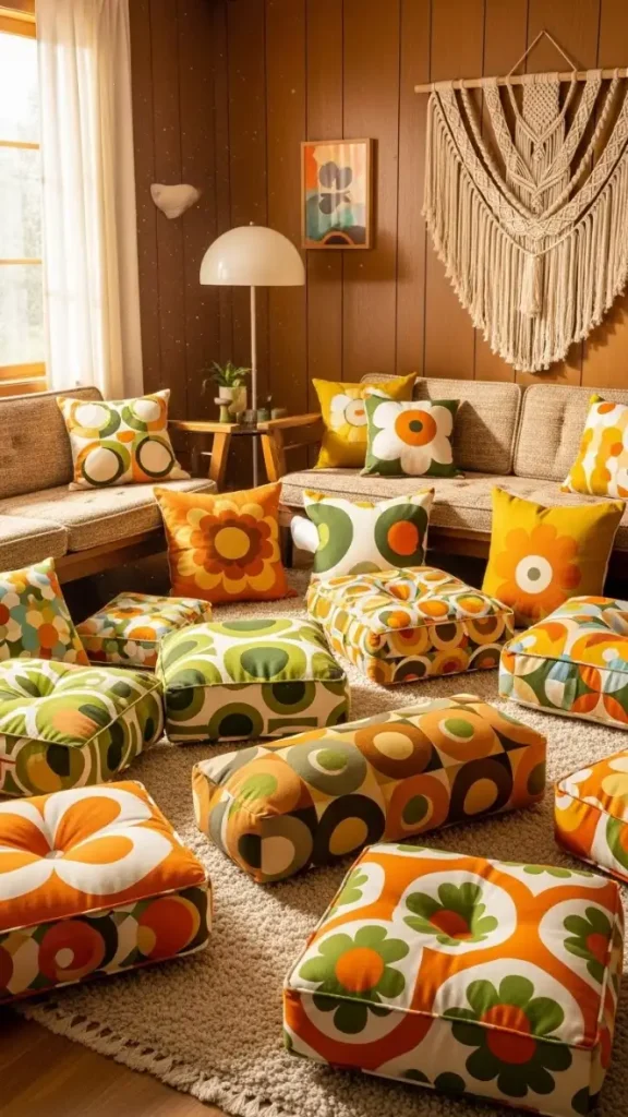 18 Retro Funky Home Decor Ideas to Add Nostalgic Charm 16 Retro Floor Cushions