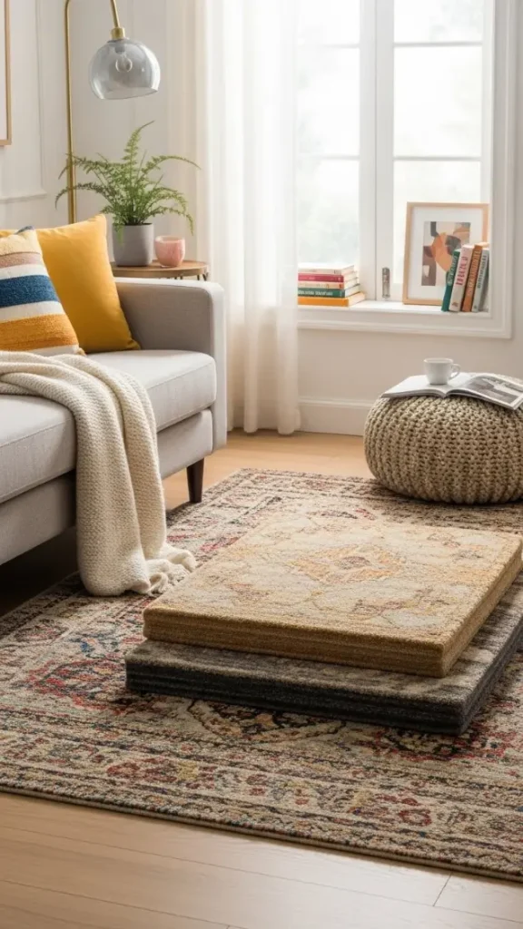 21 Cozy Colorful Home Decor | Ideas to Warm Up Your Home 17 Layered Rugs in Complementary Colors