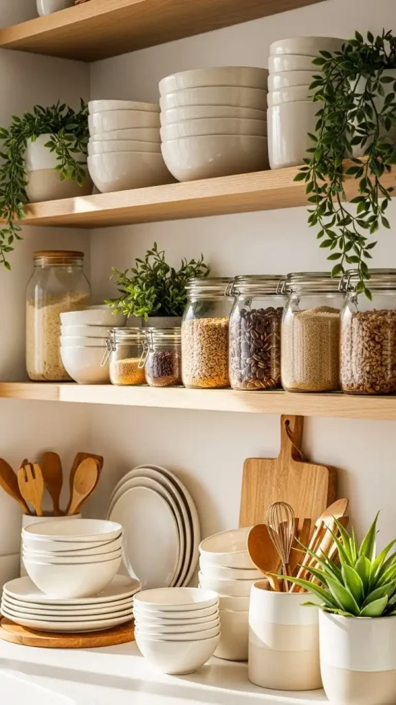 21 Neutral Color Home Decor Ideas to Create a Calm and Stylish Space 17 Light Neutral Kitchen Shelf Styling