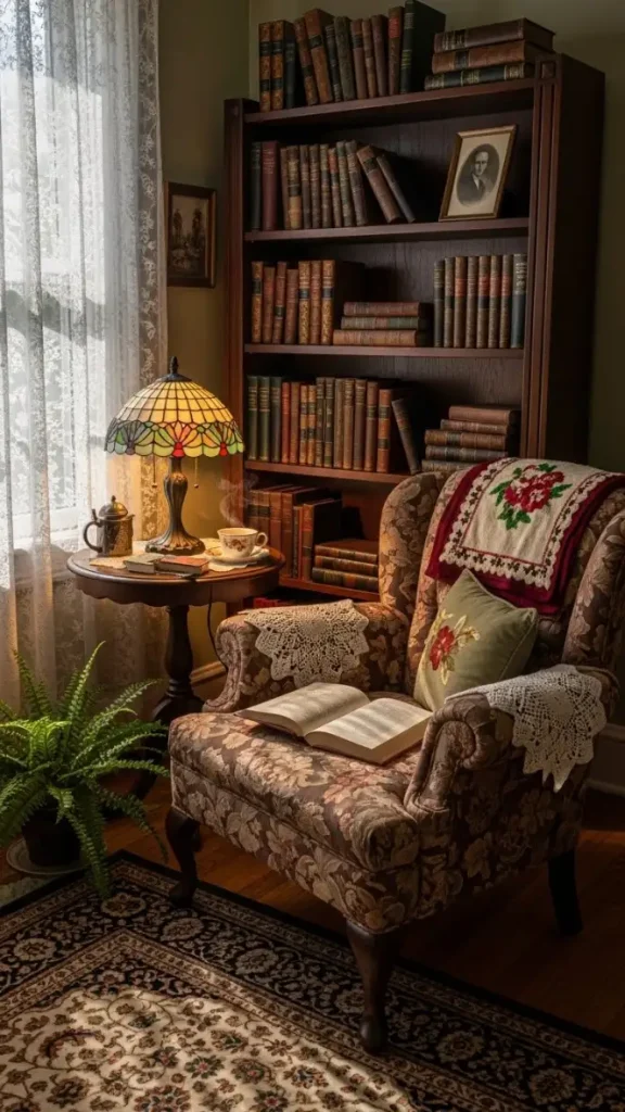 20 Grandmacore Home Decor Ideas for Cozy Vintage Charm 19 Cozy Reading and Book Corners