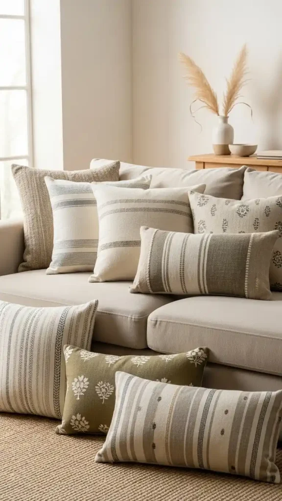 23 Simple Thrifted Home Decor Ideas for a Cozy & Stylish Home 3 Neutral Thrifted Throw Pillows