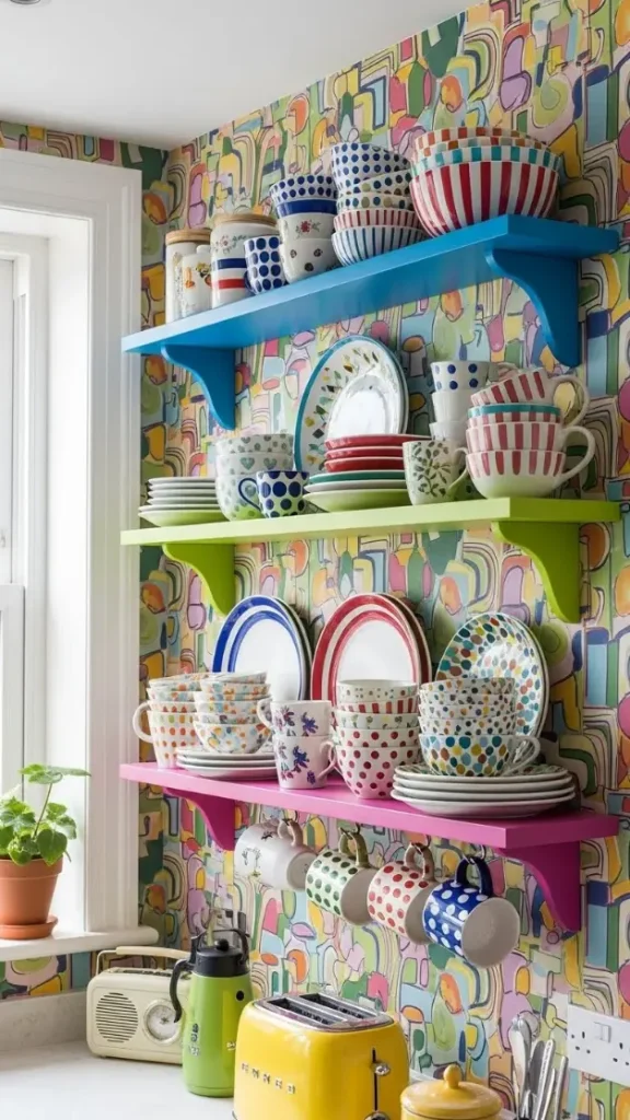 21 Funky Home Decor Kitchen Ideas That Transform Your Cooking Space 3 Open Shelving with Bold Colors