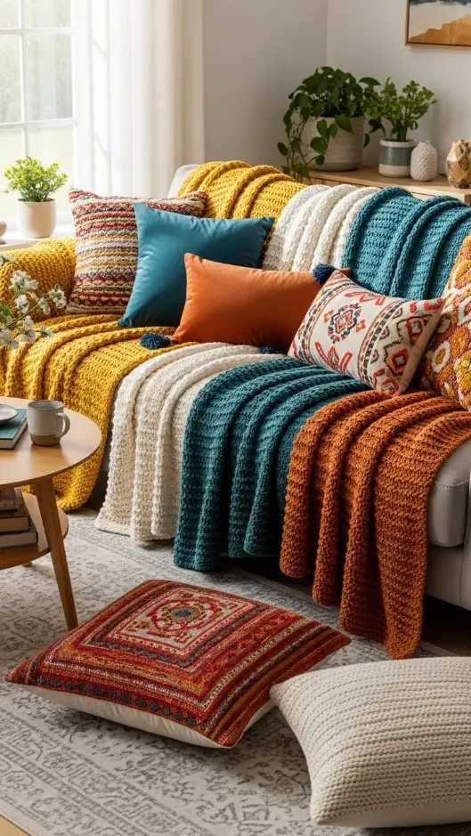 21 Cozy Colorful Home Decor | Ideas to Warm Up Your Home 3 Soft Colorful Throw Blankets