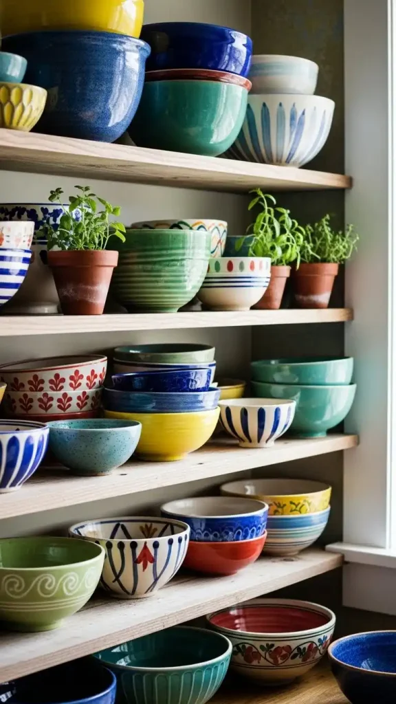 20 Thrifted Home Decor Kitchen Ideas to Style Your Space on a Budget 3 Thrifted Ceramic Bowls for Open Shelving