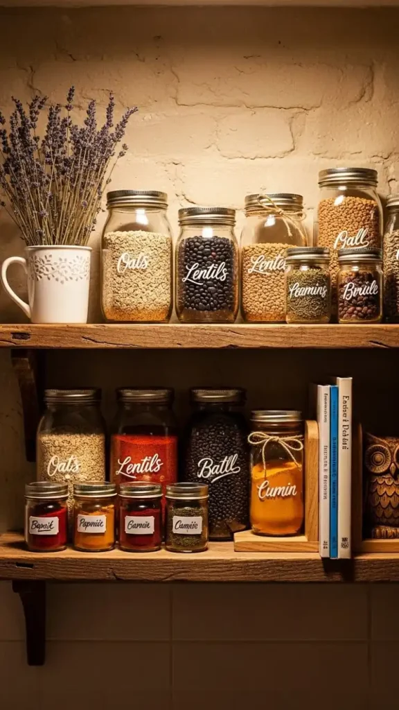 20 Thrifted Home Decor Kitchen Ideas to Style Your Space on a Budget 4 Mason Jars as Storage