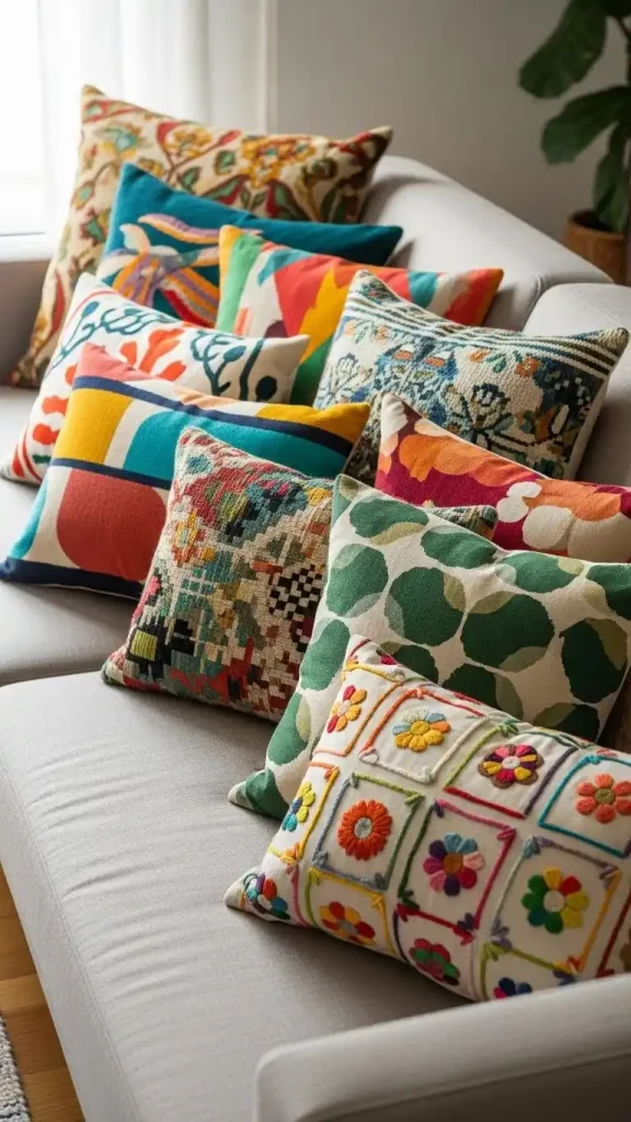 20 Colorful Thrifted Home Decor Ideas to Create a Bright, Stylish, and Budget-Friendly Home 4 Retro Patterned Throw Pillows