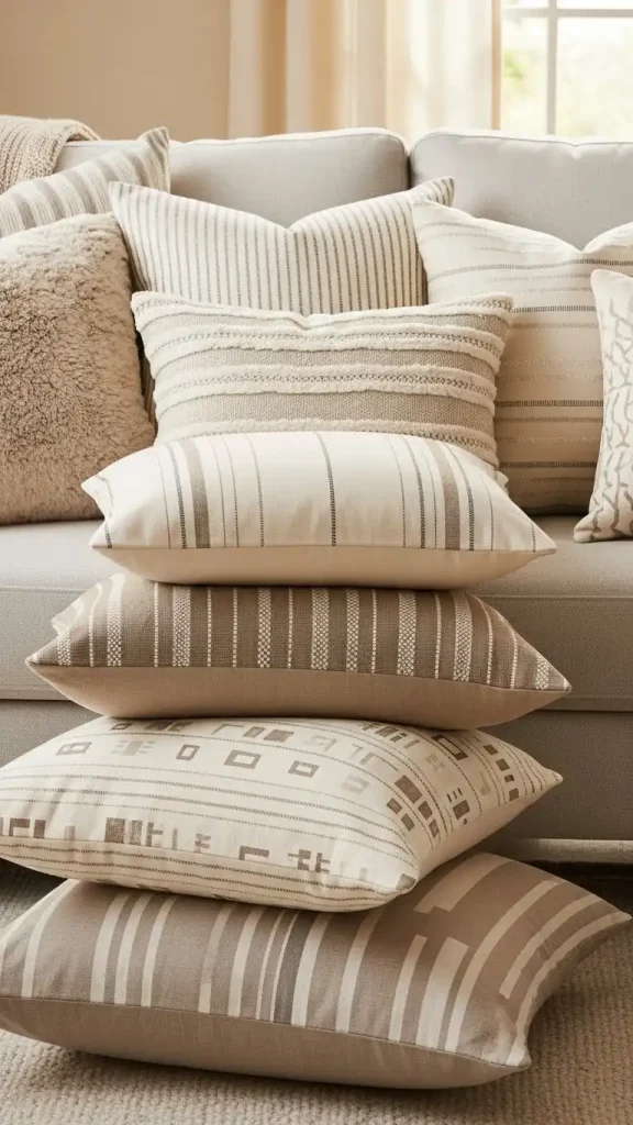 21 Neutral Color Home Decor Ideas to Create a Calm and Stylish Space 5 Neutral Textured Throw Pillows Mix