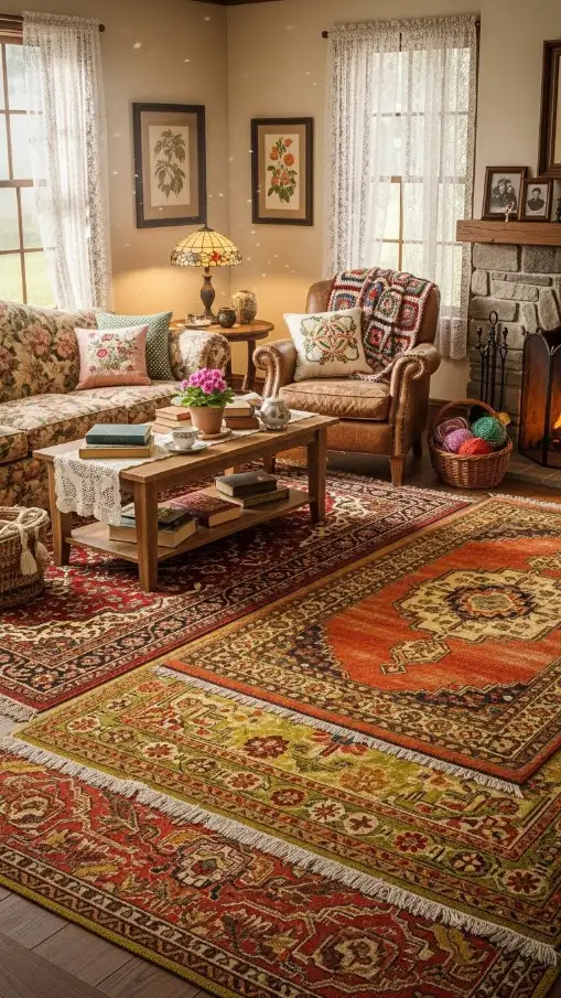 20 Grandmacore Home Decor Ideas for Cozy Vintage Charm 6 Layered Area Rugs
