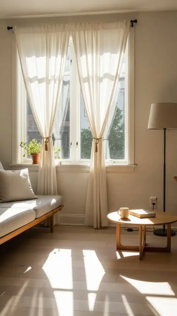 23 Simple Thrifted Home Decor Ideas for a Cozy & Stylish Home 6 White or Beige Curtains