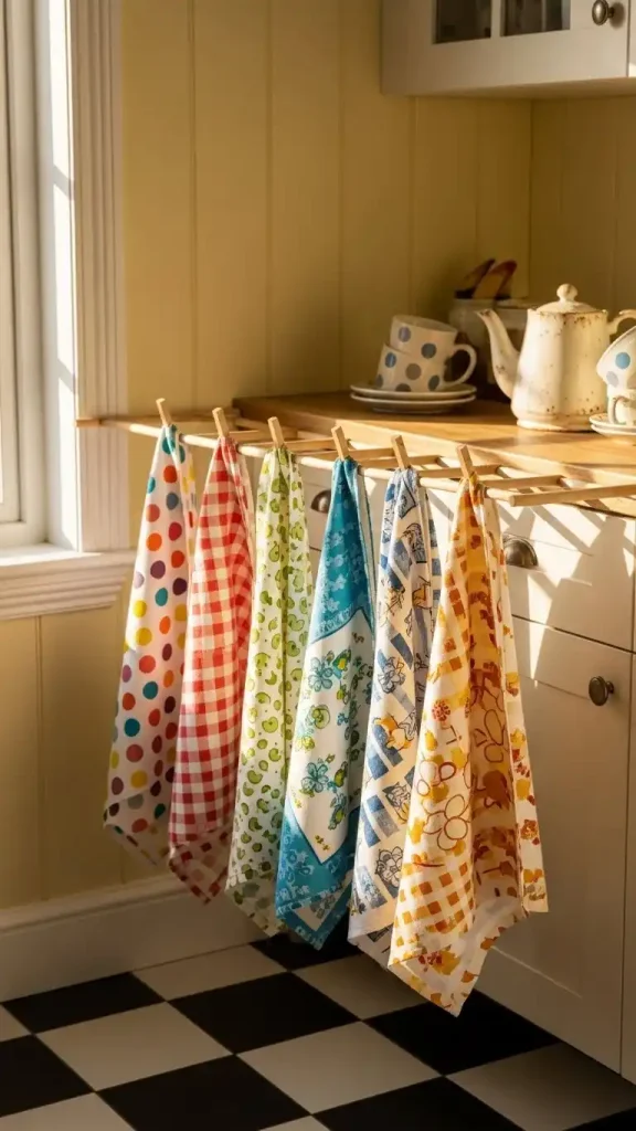 20 Thrifted Home Decor Kitchen Ideas to Style Your Space on a Budget 7 Retro Tea Towels