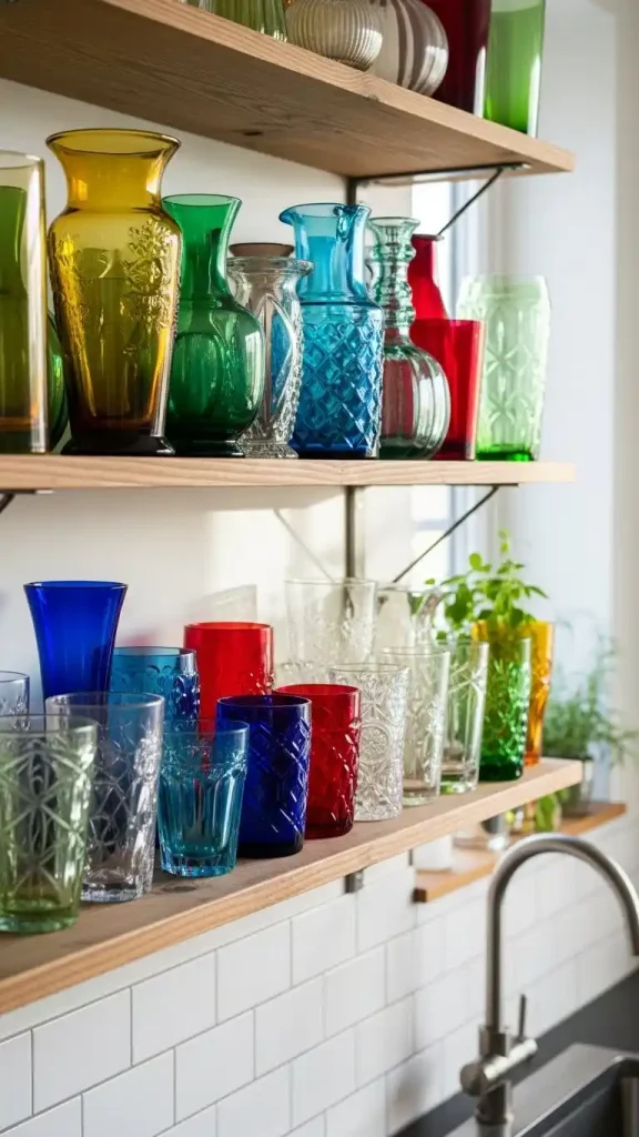 20 Colorful Thrifted Home Decor Ideas to Create a Bright, Stylish, and Budget-Friendly Home 8 Colorful Thrifted Glassware Displays