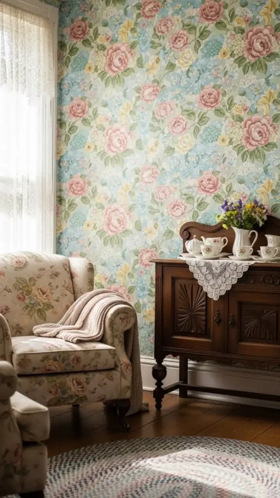 21 Grandmacore Home Interior Ideas for a Cozy, Vintage-Inspired House 2 Floral Wallpaper Feature Walls