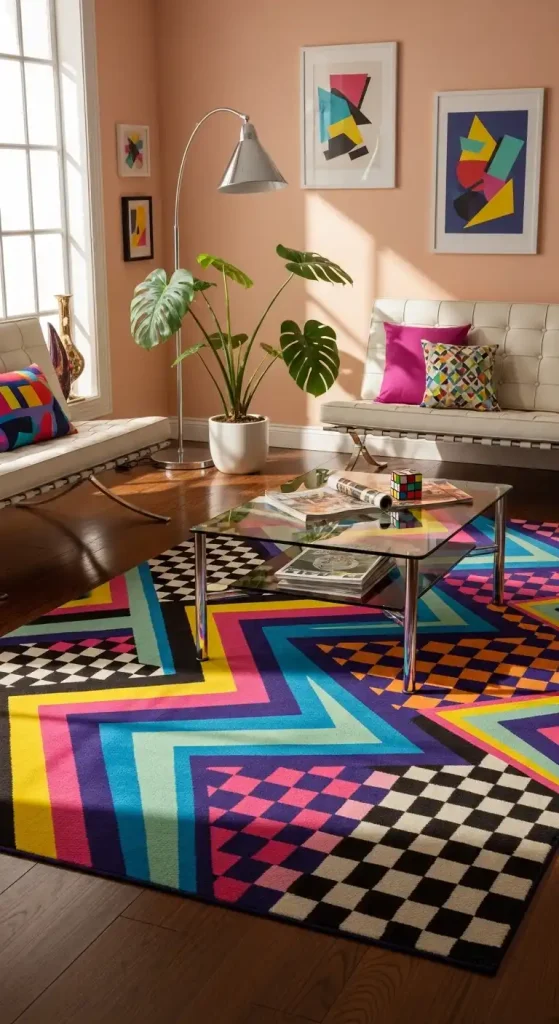 20 80s Aesthetic Home Decor | Retro & Vibrant Ideas 11 Geometric Rugs